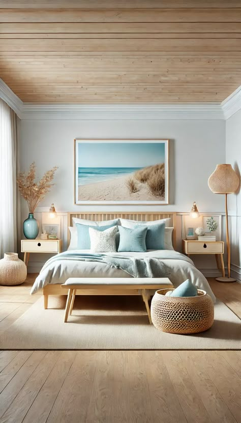 Transform your space with a serene home bedroom refresh! This calming coastal design showcases soft blues and natural textures that evoke tranquility. Perfect for creating a peaceful retreat. #BedroomGoals #InteriorDesign #HomeDecor Coastal Scandi Bedroom, Coastal Rattan Bedroom, Dusty Blue Room Ideas, Coastal Scandinavian Style Bedroom, Coastal Calm Bedroom, Calm Coastal Bedroom, Soothing Bedroom Ideas, Contemporary Coastal Bedroom, Coastal Beach House Interiors