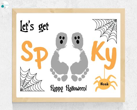 Happy Halloween Footprint Craft for Kids - Spooky Footprint Halloween Craft.  Enjoy this SPOOKY printable Halloween craft for toddlers, baby, siblings, or preschool!  Simply download, print on cardstock, and add footprint ghosts!  Use the spider to further personalize by writing name(s) and/or year.  Makes a great October craft and a Happy Halloween craft and card!     Please note: - This is a digital download - no physical product is included.  Print as many times as you would like! - Best for Baby Halloween Crafts Footprint, Baby Footprint Halloween Art, October Footprint Art For Infants, Letter D Halloween Craft, Halloween Finger Paint Ideas, Halloween Art For Babies, Boo Footprint Art, Halloween Footprint Art For Infants, Spooky Kids Crafts