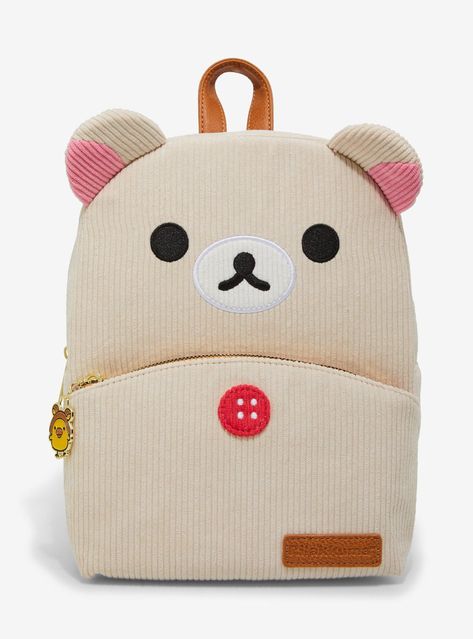 Make sure you have the bear-y cutest backpack for your adventures! This mini backpack features a corduroy Korilakkuma design and has a front zipper charm of Kirroitori wearing a bear headband. Comes with interior zipper & drop pockets. Cute Objects Aesthetic, Rilakkuma Merch, Rilakkuma Backpack, Cute Small Backpacks, Korean Backpack, Bear Headband, Cute Backpacks For School, Stationary Bag, Corduroy Backpack