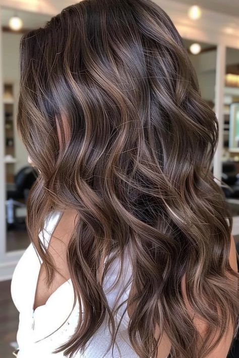 Fall Balayage Straight Hair, Long Hair Styles And Color, Deep Brown Hair With Lowlights, Soft Lowlights For Brown Hair, Brunette Foliage Hair, Christmas Highlights Hair, Natural Dark Brown Hair With Dimension, Subtle Balayage On Light Brown Hair, Brownish Blonde Highlights