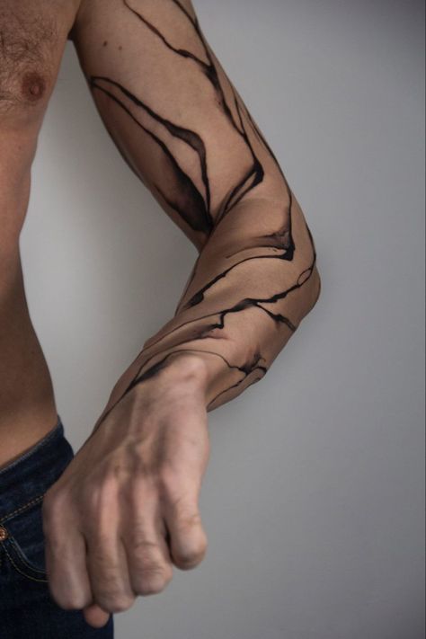 Обструкция | Creative Tattoos by  Elisabeth Cheung Lines On Arm Tattoo, Line Tattoo Arm Men, Abstract Arm Sleeve Tattoo, Fine Line Tattoos Men, River Tattoos, Man Tattoo Ideas, River Tattoo, Molecule Tattoo, Cuff Tattoo