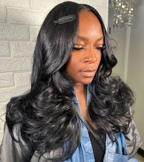 💙FB raw Indian wavy colored black 💙natural sew in 💙her 2nd install reusing the same hair 💙Foreign-Beauty.com to shop & book #foreignbeauty #rawindianhair #indianwavy #rawhair #atlhair Wavy Hair Sew In, Indian Wavy Hair, Natural Sew In, Raw Indian Hair, Sew In Weave, Center Part, Black Weave, Baby Hairs, Raw Hair