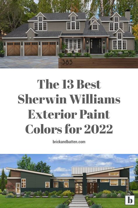 Check out our list of top Sherwin Williams exterior paint colors for 2022 as a starting point. In compiling this list, our designers selected the best on-trend and timeless colors from the Sherwin Williams collection, across the LRV spectrum. These are the colors we’re loving right now, the hues that we’re leaning into more and more with our design recommendations and rendering work, and the tones we’re excited to see in action in the year ahead. Sherwin Williams Exterior House Colors, Sherwin Williams Exterior Paint, Outside Paint Colors, Sherwin Williams Exterior Paint Colors, Outdoor Paint Colors, Outside House Paint, Green Exterior Paints, Sherwin Williams Exterior, Exterior Paint Schemes