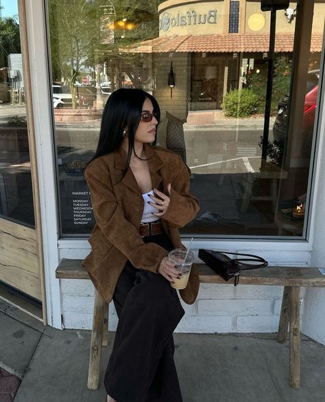 We love to see you in suede.⁠
⁠
Vegan Suede Blazer 14384⁠
⁠
@lostnwonderr⁠
⁠
#oakandfort Brown Denim Jacket Outfit, Brown Suede Jacket Outfit, Brown Jacket Outfit, Suede Jacket Outfit, Brown Denim Jacket, Habits To Adopt, Timeless Clothing, Denim Jacket Outfit, Suede Blazer