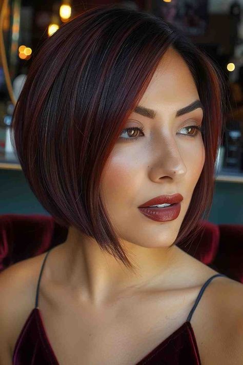 The Best Bob Haircuts & Hairstyles of 2024 Full Hair Color Ideas For Black Hair, Brown Bobs Haircuts, Short Burgundy Hair Bob, Bob Haircut 2024 Trends, Woman Bob Haircut, Bubble Bob Haircut 2024, Red Brown Short Hair, Dark Red Bob, Red Bob Hairstyles