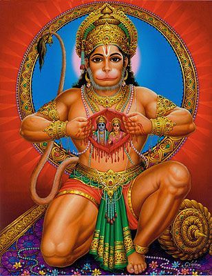 Hanuman is a Hindu monkey god famed for strength, speed,  his skills as a grammarian, but above all, he's an unsurpassed adherant of bhakti, or the yoga of devotion. In his most famous story, a courtier asked him to prove his devotion to his king Rama and his wife Sita. Hanuman tore open his chest and there was RamaSita imprinted on his heart. Hanuman Images Hd, Rama Sita, Hanuman Chalisa, Shri Hanuman, Hanuman Images, Lord Hanuman Wallpapers, Hanuman Wallpaper, Shiva Painting, Jai Hanuman