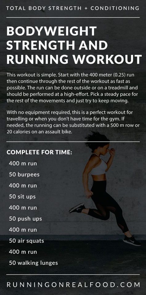 This no-equipment bodyweight and running workout alternates running with bodyweight exercises such as burpees, sit-ups, air squats and walking lunges. It can be done anytime, anywhere, as long as you have a treadmill or outdoor 400 m (0.25 mile) route. This workout is designed to be done for time, which simply means, as fast as possible. Wods Crossfit, Strength And Conditioning Workouts, Strength Conditioning By Body Part, Squats And Lunges, Conditioning Workouts, Sit Ups, Strength Conditioning, Workout Program, Workout Moves