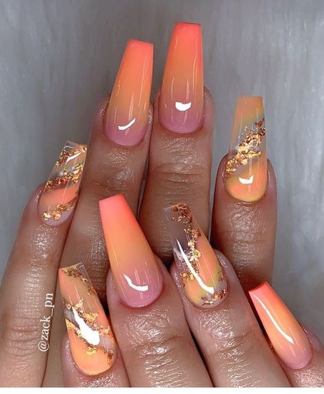 Orange Acrylic Nails, Light Colored Nails, Light Nails, Ombre Acrylic Nails, Fall Acrylic Nails, Coffin Shape Nails, Orange Glitter, Coffin Nails Long, Summer Acrylic Nails