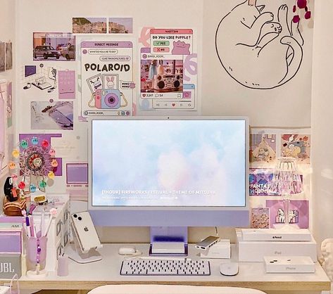 Desk Setup Macbook, Imac Setup, Imac Desk Setup, My Safe Space, Desk Organisation, Cozy Desk, Study Desk Decor, Desk Layout, Desk Inspo