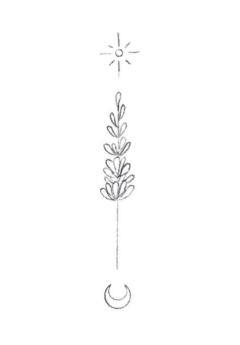 Lavender Tattoo Design Minimal Moon and Sun Lavender Henna Tattoo, Fine Line Jungle Tattoo, Lavender Tattoo Minimalist, Small Lavender Tattoo Black, Sprig Of Lavender Tattoo Simple, Moon And Lavender Tattoo, Lavender Outline Tattoo, Lavender Stem Tattoo, Lavender Tattoo Collar Bone