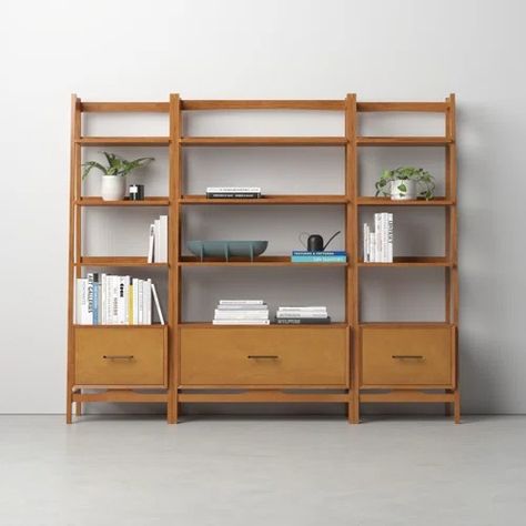 Office Built Ins | Wayfair Mid Century Built Ins, Mid Century Modern Shelves, Spacious Office, Contemporary Bookcase, Bookcase Cabinet, Office Built Ins, Vintage Home Office, Storage Bookcase, Ladder Storage