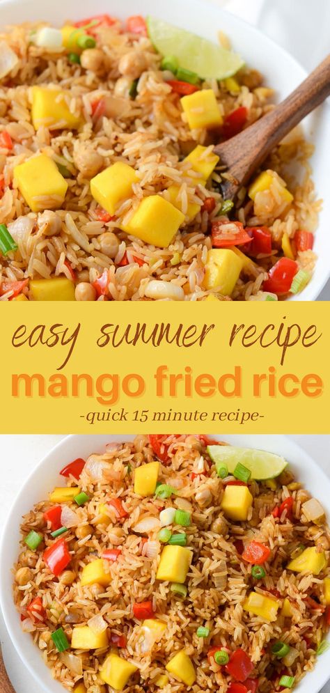 Pineapple Mango Rice, Dinner Recipes With Mango, Mango Fried Rice Thai, Tropical Rice Recipes, Mango Coconut Rice, Summer Rice Recipes, Canned Mango Recipes, Mango Rice Bowl, Mango Meals