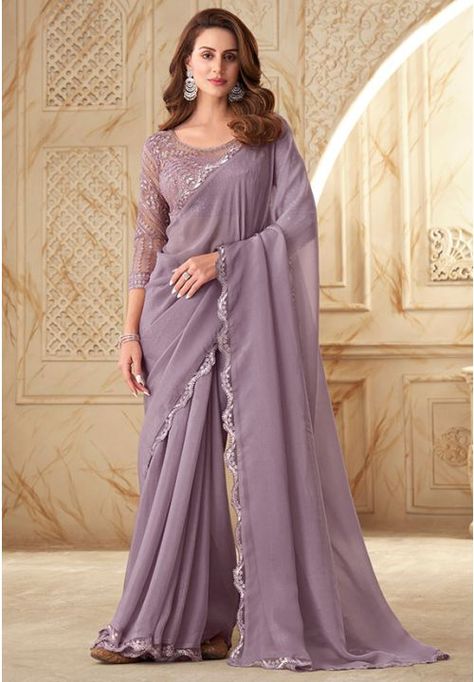 Mauve Silk Georgette Saree with Embroidered Blouse Georgette Saree Blouse, Cinderella Fashion, Lengha Blouse, Shimmer Saree, Fashionable Saree, Saree Wearing, Lehenga Red, Bridesmaid Saree, Purple Saree