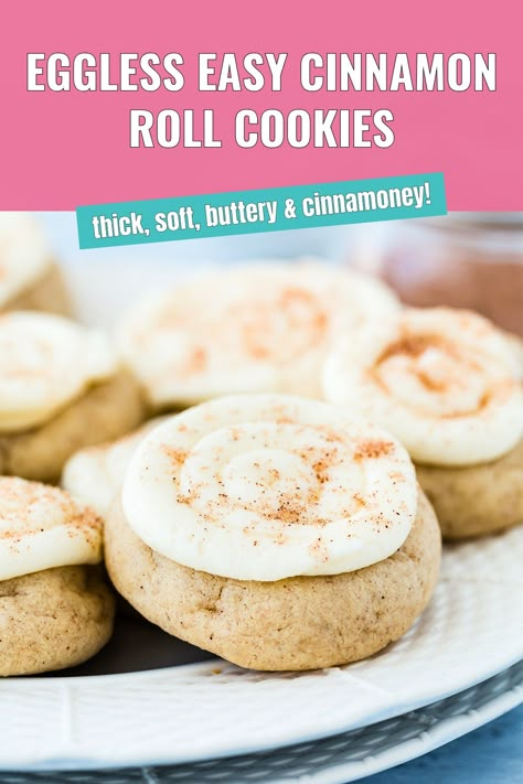 These Eggless Easy Cinnamon Roll Cookies are thick, soft, and buttery with a perfect hint of cinnamon, topped with sweet cream cheese icing for pure dessert bliss! They’re simple to make, egg-free for allergy-friendly baking, and perfect for sharing, snacking, or treating yourself. A cozy cookie recipe that’s a total winner! Deserts With No Egg, Egg Free Cookies Christmas, Easy Cookies No Egg, Dessert With No Egg, Desserts With No Eggs Recipes, No Eggs Desserts, Dessert Without Eggs, Eggless Christmas Cookies, Egg Allergy Recipes