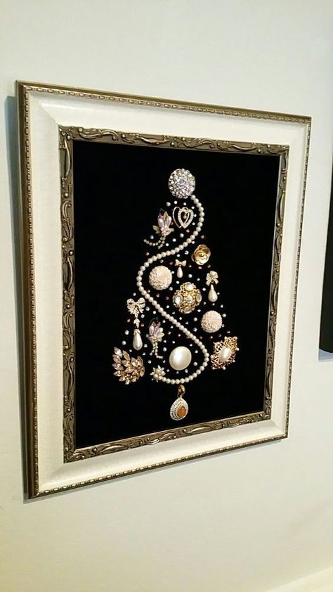 Vintage Jewelry Projects - Shop at Blu Old Jewelry Crafts, Costume Jewelry Crafts, Jeweled Christmas Trees, Vintage Jewelry Ideas, Jewelry Frames, Vintage Jewelry Repurposed, Jeweled Christmas, Jewelry Christmas Tree, Vintage Jewelry Crafts