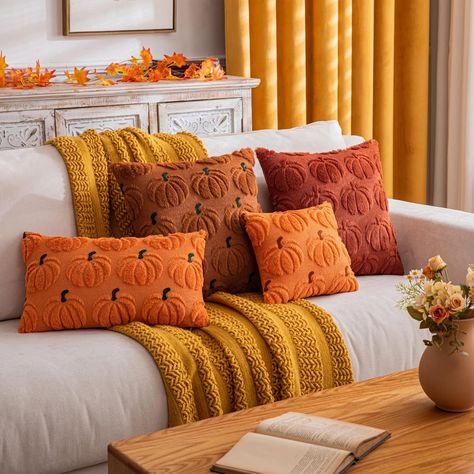 Pumpkin Fall Decorative Throw Pillow Covers 12"x12", Set of 2 Orange Brown Soft Faux Fur Pillow Covers for Autumn Harvest, Fluffy Plush Accent Pillow Kids Throw Pillows, Fur Texture, Farmhouse Halloween, Faux Fur Pillow, Fur Pillow, Fall Pillows, Autumn Harvest, Pumpkin Fall, Fall Kids