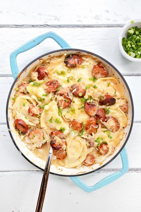 This recipe for Kielbasa, Pierogies and Sauerkraut is an over the top treat for anyone who loves Eastern European foods. Go on - indulge! What To Eat With Pierogies, Kielbasa Pierogies, Pierogies And Kielbasa, Homemade Pierogies, European Meals, Sauerkraut Meals, Frozen Pierogies, Blue Jean Chef, Pierogi Recipe