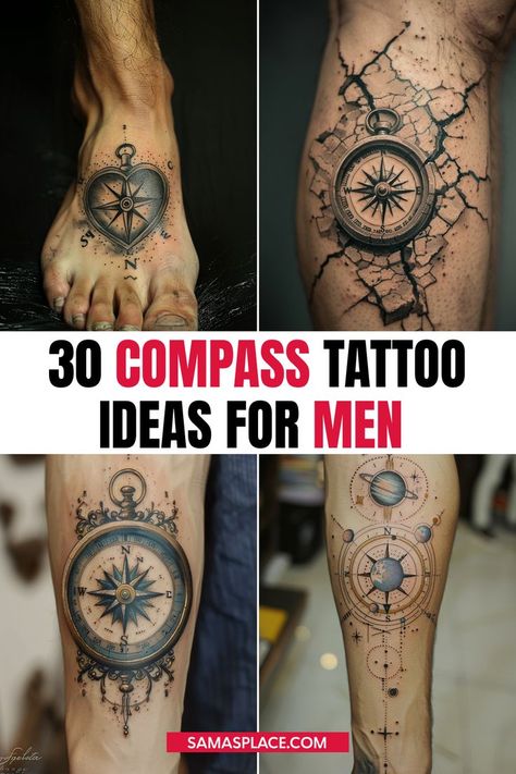 Compass tattoo ideas for men, symbolizing guidance, direction, and adventure with traditional and modern designs Kraken Compass Tattoo, Masculine Compass Tattoo, Christian Compass Tattoo Men, Black And Grey Compass Tattoo, Persistance Tattoos, Seaplane Tattoo, Map With Compass Tattoo, Forearm Compass Tattoo Men, Steampunk Tattoo Ideas For Men