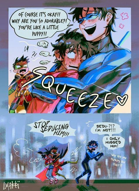 Nightwing Fanart Cute, Damian X Superboy, Nightwing X Superboy, Damian X Jon Fanart, Damian Wayne Funny, Robin X Superboy, Birdflash Fanart, Jondami Fanart, Damian X Jon