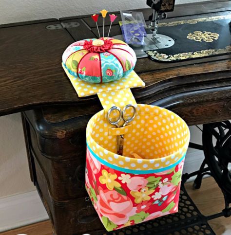 Scrap Basket Pincushion And Scissors Holder,fat quarter friendly scrap basket and pincushion,Fat Quarter Friendly Dreamy Scrap Basket A basket style thread catcher right at hand to throw in scraps while busy with a project. The basket has a wi... Basket Pincushion, Thread Catcher Pattern, Scrap Basket, Scissors Holder, Cushion Tutorial, Thread Catcher, Scissor Holders, Pin Cushions Patterns, Basket Style