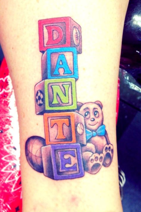 My son's name with baby blocks Tattoo @ Lucky Rabbit Tattoo Modesto Ca Block Tattoo, Tattoos For Baby Boy, Name Tattoos For Moms, Baby Tattoo Designs, Baby Name Tattoos, Kid Name Tattoo, Sparrow Tattoo, Tattoos With Kids Names, Rabbit Tattoos