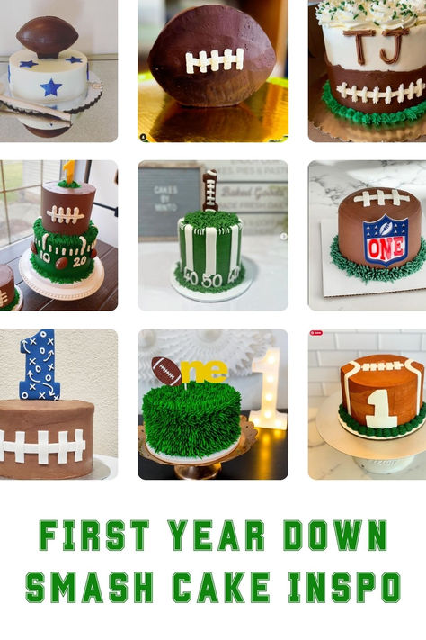 A collage of various football themed cakes perfect for a 1st birthday. These first year down smash cakes include football smash cake designs, first birthday smash cake football ideas, and cake smash boy 1st birthday football themes. Ideal for parents planning a football first birthday, these first year down cake smash options range from simple football designs to more elaborate first year down football birthday cake smash creations. Football Birthday Outfit, Diy Football Smash Cake, Football Party Cake Ideas, One Year Down Football Birthday Cake, Touchdown To One Birthday, First Year Down Cake Smash, First Down Football Birthday Party Cake, First Year Down Birthday Cake, Baby’s First Down Birthday Party