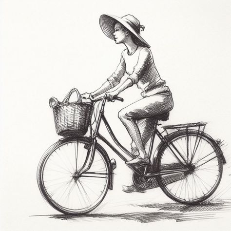 A pencil sketch of a woman riding a bicycle with a hat Bicycle Women Vintage, Riding Bicycle Drawing, Riding A Bike Drawing, Drawing Bicycle, Dairy Art, Bicycle Sketch, Ride Drawing, Prop Background, Bicycle Drawing