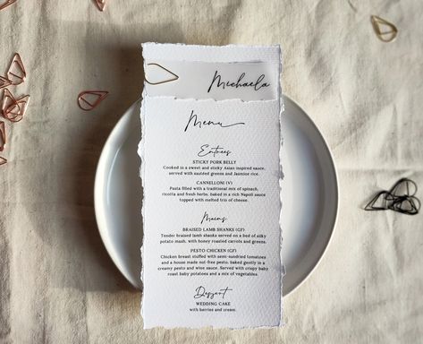 how to attach place card to menu - Google Search Menu With Place Card, Menu Place Cards, Vellum Cards, Menu Printing, Paper Place, Hand Of Cards, Straight Edges, Gold Copper, Trombone