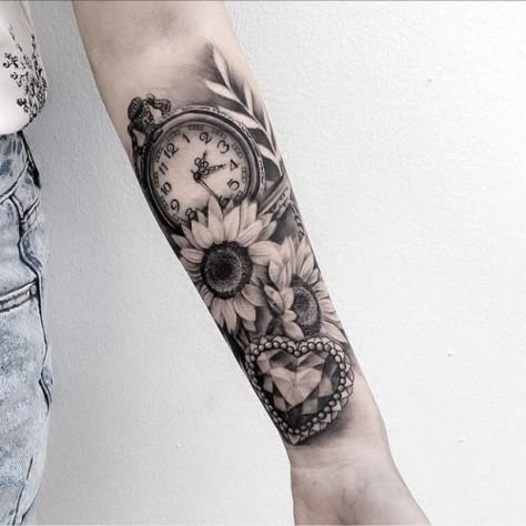 Tattoo Clock, Clock Tattoos, Kids Tattoo, Half Sleeve Tattoos Forearm, Sunflower Tattoo Sleeve, Tribute Tattoos, Mommy Tattoos, Forearm Sleeve, Forarm Tattoos