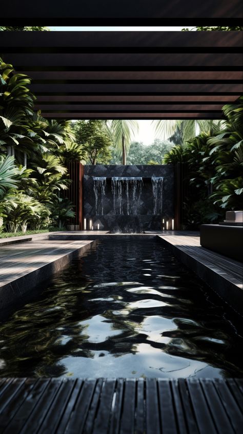 Wouldnt this just be the best pool to swim on?!? #fashion #recipe #aesthetic #architecture #architect #designideas #design #interiordesign Black Swimming Pool Ideas, Black Pool Tiles, Dark Pool Aesthetic, 60 Interior Design, Black Bottom Pools, Industrial Style Interior Design, Dream House Pool, House Apartment Ideas, Pool Oasis