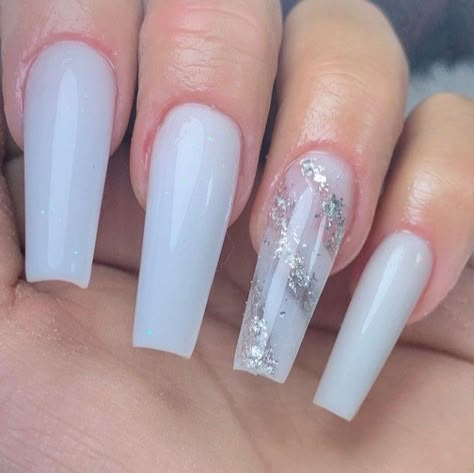 White Acrylic Nails With Design, One Glitter Nails, Long Square Nails, Wow Nails, Sassy Nails, Long Acrylic Nail Designs, Diy Acrylic Nails, Nails Now, Nails Design With Rhinestones