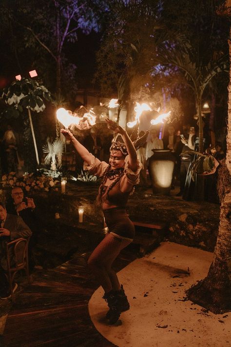 Fire dancers outdoors in Mexico Tulum for rave wedding Tulum Party, Rave Wedding, Millbridge Court, Wedding Cabo, Fire Dancer, Tulum Wedding, Mayan Culture, Black Bridesmaids, Beautiful Beach Wedding