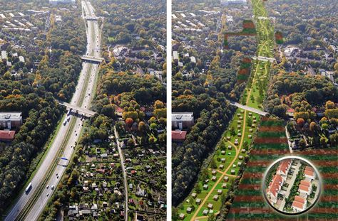 Hamburg is Building a Giant Green Roof Cover Over Sections of the A7 Motorway | Inhabitat - Sustainable Design Innovation, Eco Architecture, Green Building Green Corridor, New Urbanism, Sustainable Transport, Eco Architecture, Sustainable City, Free City, Roof Covering, Green City, Future City