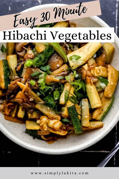 Hibachi Vegetables are made with fresh yellow squash, zucchini, mushrooms, and onions. It is the same Japanese style restaurant version in the comfort of your own home. Simple to make and with few ingredients. simplylakita.com #hibachivegetables Zucchini Mushrooms Onions, Zucchini Japanese Style, Hibachi Zucchini And Onions, Mushroom And Zucchini Recipes, Japanese Style Restaurant, Blackstone Ideas, Hibachi Vegetables, Zucchini Mushrooms, Squash Zucchini