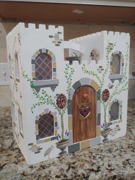 Diy Play Castle, Castle Dollhouse Ideas, Wood Castle Dollhouse, Wood Castle Diy, Painted Wooden Castle, Wooden Castle Painting Ideas, Diy Castle Dollhouse, Michaels Wooden Castle, Doll House Castle