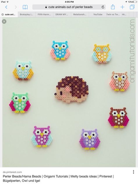 Owls and a hedgehog Perler Bead Designs, Hama Art, Origami Tutorials, Melty Bead Patterns, Art Perle, Hama Beads Design, Perler Crafts, Hama Bead, Diy Perler Bead Crafts