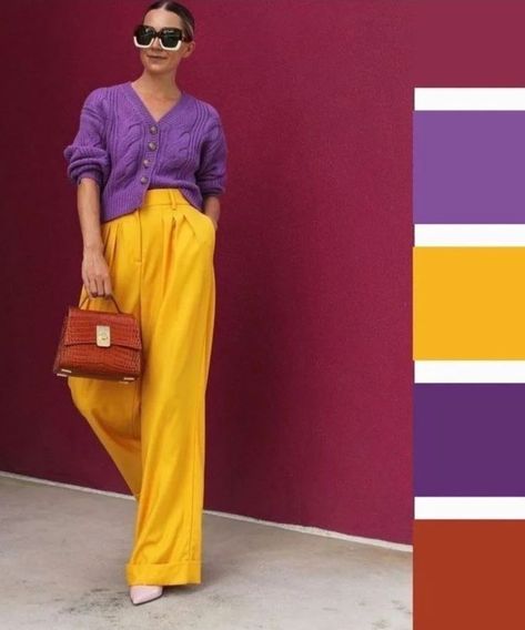 Colour Combinations Fashion, Color Combos Outfit, Color Blocking Outfits, Color Combinations For Clothes, Cool Winter, Yellow Pants, Purple Outfits, Yellow Outfit, Grey Outfit