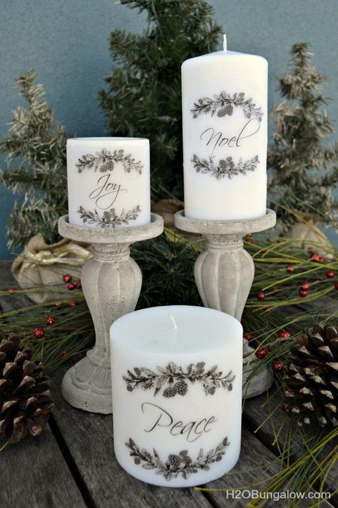 Simple tutorial shows how to add images to candles with a heat gun and tissue paper. Instantly dress up candles for gifts, holidays and personalization Walmart Candles, Frosted Mason Jars, Candles Christmas, Christmas Prep, Old Candles, Candle Wrap, Popular Crafts, Diy Holiday Gifts, Holiday Candles