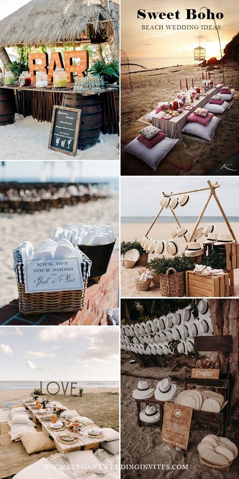 sweet and intimate beach wedding ideas for a relaxing boho theme beach wedding Beach Wedding Sitting Ideas, Beach Bonfire Wedding Reception, Small Beach Wedding Reception, Small Beach Wedding Ideas Simple, Boho Chic Beach Party, Beach Wedding Set Up, Beach Wedding Color Schemes, Intimate Beach Wedding Ideas, Rustic Beach Wedding Decor