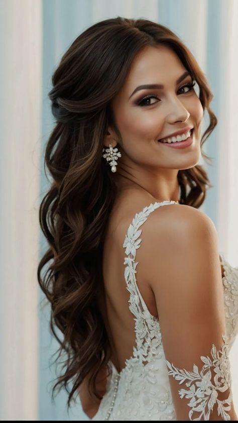 Ultimate Guide: 13 Bridesmaid Hairstyles for Long Hair That WOW! - Inspire Inlet Half Updo Wedding Hair Braid, Hair Down Side Part Wedding, Long Hair Wedding Styles Brunette, Brides Hair Half Up Half Down, Half Do Wedding Hairstyles, Loose Curl Wedding Hair Down, Bridal Hair To One Side, Bridal Hair Down Long Curls, Hairstyles For Medium Length Hair Half Up Half Down