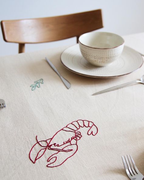 Embroider Table Cloth, Hand Embroidered Tablecloth, Lobster Embroidery, Embroidered Lobster, Linen Textiles, Embroidery Table Runner, Embroidered Table Cloth, Embroidery Tablecloth, Table Fabric