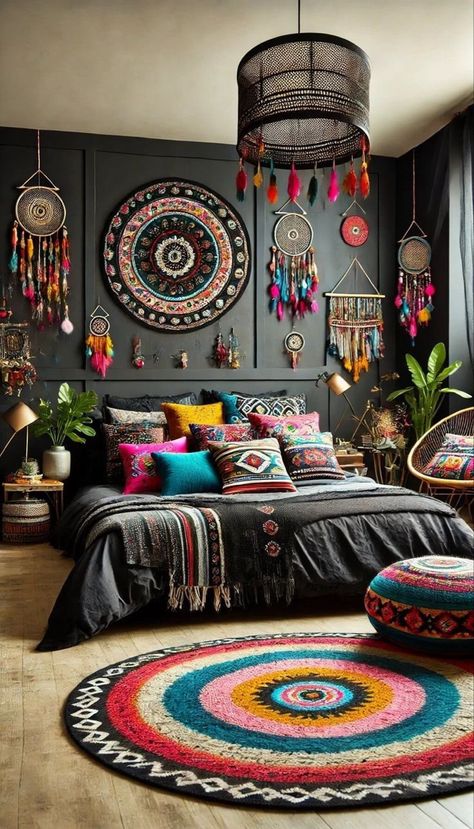 Black Bedroom Ideas, Eclectic Decor Bedroom, Bedroom Ideas For Small Rooms Cozy, Boho Style Decor, Boho Style Bedroom, Casa Vintage, Eclectic Bedroom, Classy Decor, Black Bedroom