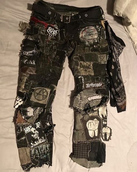 Scum Pants on Instagram: "By @raven_toothfairy - - - Tags: #scumpants #scum #patchwork #patchjeans #patchjeans #style #streetwear #streetstyle #denim #jeans #sewing #handstitched #handstitching #diy #custom #clothes #clothing #pants #patchpants #patches #trousers #customjeans #customjeans #customdenim #customclothes #customclothing #diyclothes #diyclothing #diyjeans #diypants" Patch Cargo Pants, Patched Cargo Pants, Punk Patchwork Pants, Baggy Patch Pants, Patchwork Overalls Diy, Baggy Crust Pants, Grunge Pants Diy, Diy Punk Pants, Patch Pants Diy