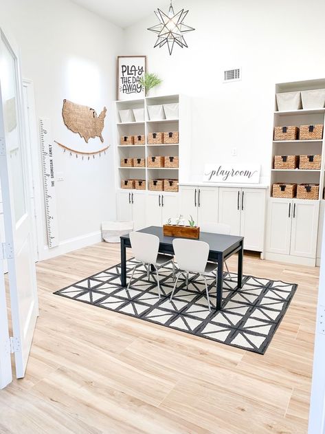 Dining Room To Playroom, Dining Room Playroom Combo, White And Wood Decor, Mcm Farmhouse, Kids Playroom Design, Farmhouse Playroom, Loft Playroom, Bedroom Interior Design Modern, Modern Playroom