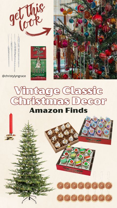 Get the classic vintage style Christmas tree - tinsel, candles, Shiny Brite ornaments and more! Copy this stunning over the top vintage tree look! Vintage Christmas Tree Candles, 70s Inspired Christmas Tree, Shiny Brite Christmas Tree, 70s Christmas Tree, Vintage Christmas Tree Ideas, Vintage Classic Christmas, Amazon Lists, Vintage Christmas Ornaments 1950s, Tree Tinsel