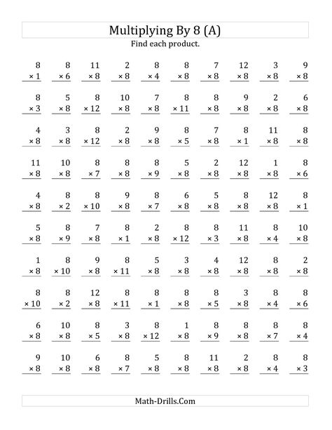 The Multiplying 1 to 12 by 8 (A) math worksheet from the Multiplication Worksheet page at Math-Drills.com. Multiplication Drills, Free Printable Multiplication Worksheets, Times Tables Worksheets, Printable Multiplication Worksheets, Multiplication Facts Worksheets, Math Multiplication Worksheets, Math Fact Worksheets, Math Drills, Multiplication Worksheets