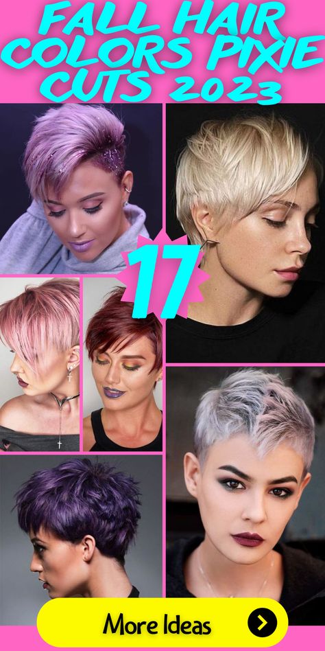 Fall hair colors pixie cut: Explore stunning hair colors for your pixie cut this fall. From vibrant auburn and copper tones to ash gray and silver hues, there's a color to suit every style. Embrace the warmth of brown shades or go for a funky and vivid blue or peach color. Whether you have short, curly, or straight hair, these colors will add a touch of fun and excitement to your look. Short Blonde Hair Fall 2023, Fall Color Pixie Hair, Fall Hair Color For Pixie Haircut, Fun Color For Short Hair, Fun Hair Color Ideas Short Pixie Haircuts, Fun Hair Color For Short Hair, Fall Hair Colors 2023 Short Hair, Fun Funky Short Hair Styles, Short Pixie Color Ideas