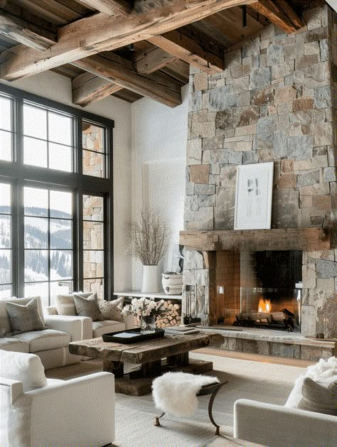 Cabin Stone Fireplace, Large Open Fireplace, Fireplaces With Stone, Rustic Stone Fireplace Ideas, Rustic Living Room With Fireplace, Mountain Fireplace, Tall Rustic Fireplace, Fireplace With Seating, Fireplace Mountain Home