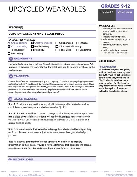 Integrate engineering into your classroom with this STEAM lesson plan designed for high school students. Try using upcycling to integrate with visual art! Fashion Lesson Plans, Steam Lessons Middle School, Steam Art Projects Middle School, Steam Lesson Plans Elementary, Steam For Middle School, 3rd Grade Art Lesson Plan Related To Artists, Repurposed Fashion, Steam Lessons, Teaching Lessons Plans