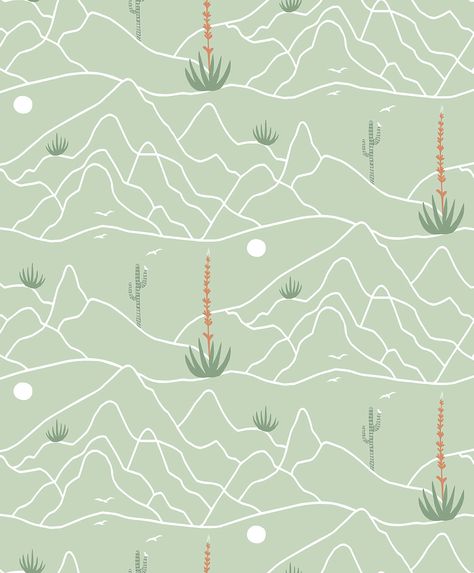 DESERT AFTERNOON bounded by distant mountains, we appreciate the wild beauty of saguaro cacti and brittlebush in midday heat. Add a touch of the Midwest to home easily with Desert Afternoon peel and stick wallpaper. Perfect for renters and homeowners looking for an instant transformation to their interior space. Featur Mountain Outline, Distant Mountains, Chinoiserie Motifs, Boho Wallpaper, Wild Beauty, Stair Risers, Saguaro Cactus, Graphic Wallpaper, Desert Landscape